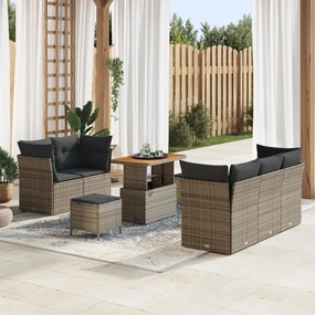 8 Darabos Kert Sofa Szett Párnákkal Szürke Poli Rattan Akácia, 3 Darabos Kert Étkező Szett Párnákkal Szürke Poli Rattan Akácia
