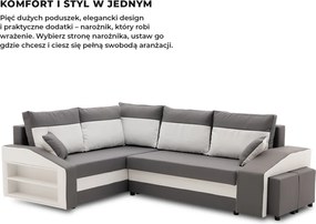 Grande sarokkanapé polcokkal és puffokkal , polc a bal karfaban puffok a jobb karfaban, baloldali, szövet anyag, hab töltet, szürke - fehér