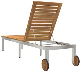 Napozóágy Kerekekkel 207x58x35 cm Tömör Akácfából és Rozsdamentes Acélból