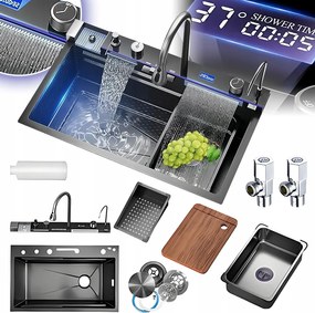 Egymedencés Multifunkciós Mosogató Vízesés Kijelző Led Csaptelep 8IN1