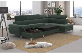 CATANIA jobbos zöld U-alakú sarokkanapé tárolóval, ággyá nyitható