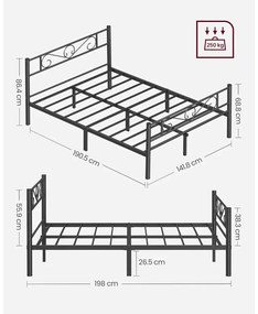Kétszemélyes fém ágykeret, 140 x 190 cm, fekete