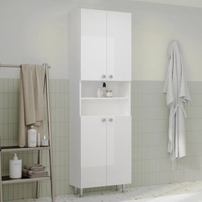 Zaria 4 ajtós fürdőszobai magasszekrény, Fényes fehér / Fehér, MDF, 60 x 27 x 190 cm