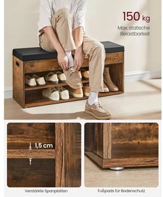 Cipőtároló pad, párnázott ülőfelülettel, felnyitható, rusztikus barna 100x30x44cm