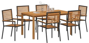 7 részes kert étkező szett fekete polyrattan akáciával, Stackelhető kerti székek párnákkal 2 db fekete polyrattan