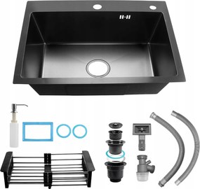 Snowtaros mosogatótálca 60x45 cm fekete rozsdamentes acél adagoló szifon kosár