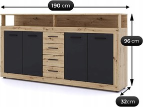Komód 190 cm méretben, artisan tölgy/fekete színben BLAGO