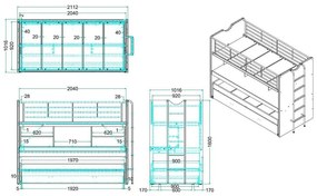 Fehér-kék emeletes ágyneműtartós gyerekágy kihúzható pótággyal, ágyráccsal 90x200 cm Bonny – Vipack