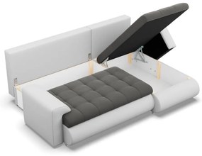 Tokio sarokkanapé, 2 ágyneműtartóval, bársony + műbőr, jobboldali, szürke - fehér