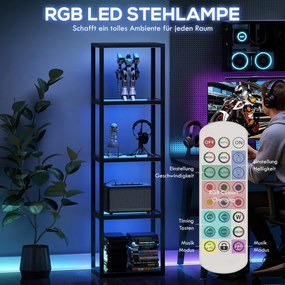Állólámpa RGB üvegpolcokkal, 4-szintes LED állólámpa távirányítóval, fekete