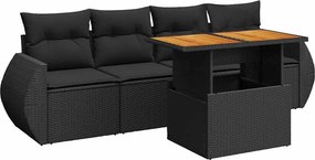vidaXL 5 részes fekete polyrattan kerti kanapészett párnákkal