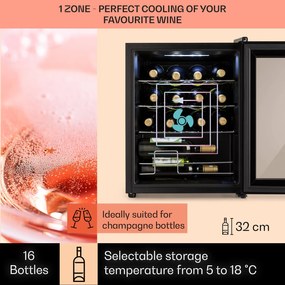 Klarstein Shiraz, borhűtő, 42 liter, 131 W, 5 - 18 °C, érintőképernyős vezérlőpanel, fekete