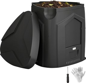 Outsunny 240 l kertikomposztáló, 78 x 75 x 78 cm, háromszög alakú, 3 ajtós, 66 szellőzőnyílás, nyitott alj — kesztyűvel és csavarhúzóval, fekete | Aos