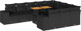 vidaXL 10 részes fekete polyrattan akácfa kerti ülőgarnitúra párnákkal