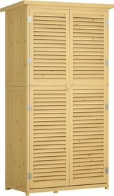 Outsunny Fából készült Kerti Eszköztároló Fenyő és Lucfenyőből 4 Rekesszel, Kerti Szerszám Tároló Szekrény Vizesálló Tetővel, 87x46.5x160 cm, Fak szín