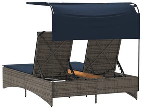 szürke polyrattan kétszemélyes napozóágy napellenzővel és párnákkal