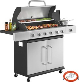 Outsunny 18,6 kW 6+1 égős rozsdamentes acél gázgrill kocsi — oldalsó égő, hőmérő, öntöttvas rácsok, melegentartó és tárolószekrény | Aosom