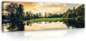 Vászonkép 145x45 Tó tükröződés naplemente felhők fák nyugalom természet