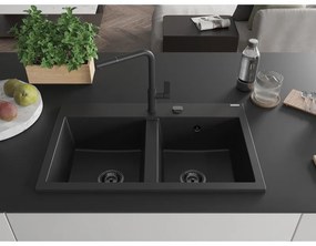 Mexen Hektor, 2 kamrás gránit mosogató 800x480x205 mm, fekete, grafit szifon, 6521802000-77-B