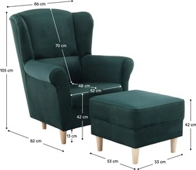 Füles fotel puffal, szövet smaragd, ASTRID