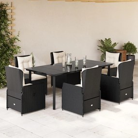 7 részes fekete polyrattan kerti étkezőgarnitúra párnával