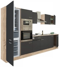 Yorki 330 konyhablokk sonoma tölgy korpusz,selyemfényű antracit fronttal alulfagyasztós hűtős szekrénnyel