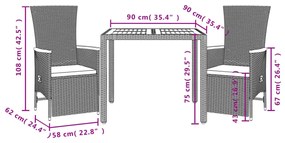 3 részes fekete polyrattan kerti étkezőgarnitúra párnákkal