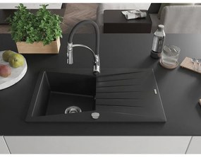 Mexen Cesar, 1 kamrás gránit mosogató 775x470x190 mm és Aster mosogató csaptelep, fekete, 6514-77-73450-07