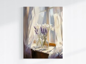 Vászonkép Canvas Dekoráció Ablak Függöny Váza Virágok Levendula 60x80