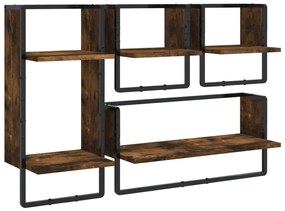 4 részes füstölt tölgy színű szerelt fa fali polc szett rúddal