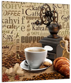 Kávé, kávédaráló és a croissant kép (30x30 cm)