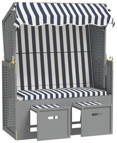 Kék és fehér polyrattan és tömör fa strandszék tetővel
