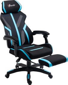Vinsetto Játékos Szék Retrakciós Lábpihentetővel, Dönthető Forgószék Fejtámlával és Magasság Állítással 65x65x119-129 cm Fekete és Kék | Aosom