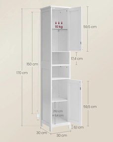 Magas és keskeny fürdőszobai szekrény világításal 170x30x30 fehér színben