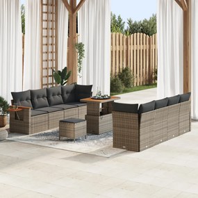 11 Részes Kert Kanapé Szett Párnákkal Szürke Poly Rattan Akácia, 3 Részes Kert Étkező Szett Párnákkal Szürke Poly Rattan Akácia