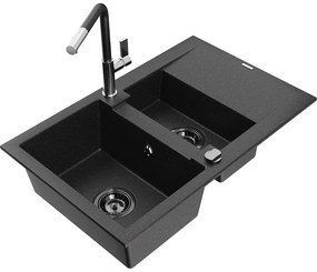 Mexen Gaspar, 1,5 kamrás gránit mosogató 737x475x177 mm és Flora mosogató csaptelep, fekete-ezüst metál, 6507-73-670401-07-B
