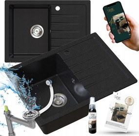 Gránit Mosogató 68x50 Fekete Pöttyös Titanite+krómozott Szifon 7in1