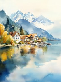 Vászonkép Canvas Tájkép Ősz Hegyek Alpok Tó Házikók 75x100