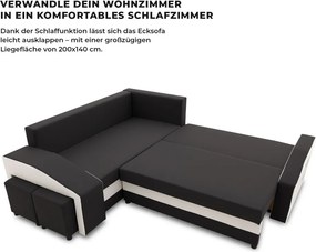 Grande sarokkanapé polcokkal és puffokkal , polc a jobb karfaban puffok a bal karfaban, baloldali, szövet anyag, hab töltet, fekete - fehér