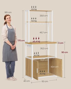 VASAGLE konyhai polc beépített konnektorral 40×60×170 cm, tölgy-fehér