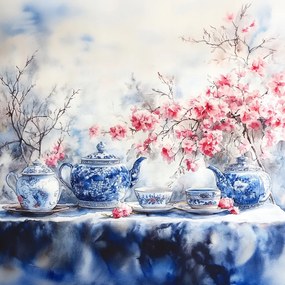 Canvas Vászonkép Japán Porcelán Virágzó Cseresznye Tea 80x80