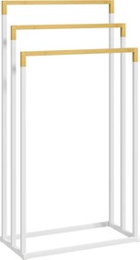 kleankin Szabadonálló Törölközőtartó, 3 Törölközőrúddal Rendelkező Törölközőtartó Fürdőszobához, Acél Bambusz Fehér | Aosom