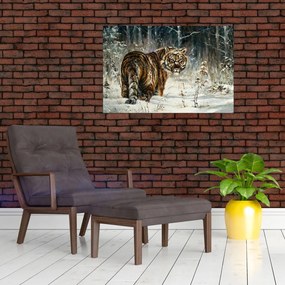 Kép - tigris a havas erdőben, olajfestmény (90x60 cm)