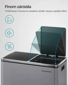 2 rekeszes pedálos recycling szemetes lágy záródással, szürke fém