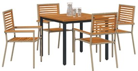 5 Darabos Kerti Étkezőkészlet Bézs Poli Rattan Akácia, Rakható Kerti Székek Párnával - 2-es Készlet Bézs Poli Rattanban, Kerti Asztal 90x90x75 cm Szilárd Akácfából és Fém