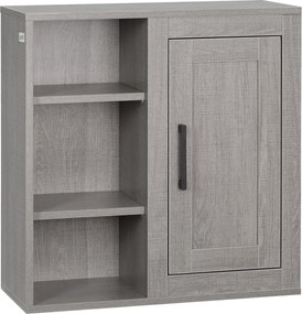 Kleankin Fali Fürdőszobaszekrény 3 Állítható Nyitott Polccal és 1 Ajtóval, Modern Stílus 48x20x50 cm Szürke | Aosom