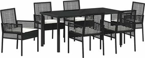vidaXL Kert étkező szett párnával 7 pcs Fekete polirattan