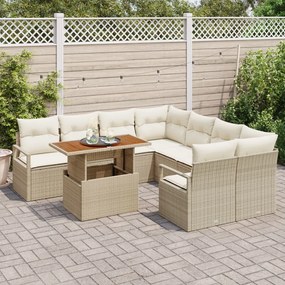 9 Darabos Kerti Kanapé Szett Párnákkal Bézs Poly Rattan Akác, 2-Fős Kerti Kanapé Párnákkal Bézs Poly Rattan