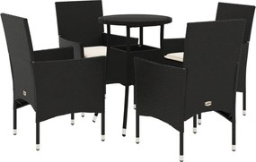 vidaXL 5 részes fekete polyrattan/üveg kerti étkezőgarnitúra párnákkal