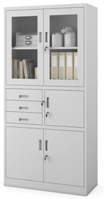 Fém iratszekrény széffel, vitrinnel és fiókokkal FILIP, 900 x 1850 x 400 mm, szürke